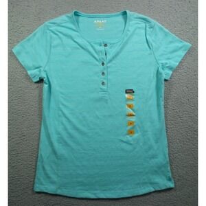 Ariat Rebar Top Womens Size‎ S Blue Henley Button Work Shirt Short Sleeve NWOT